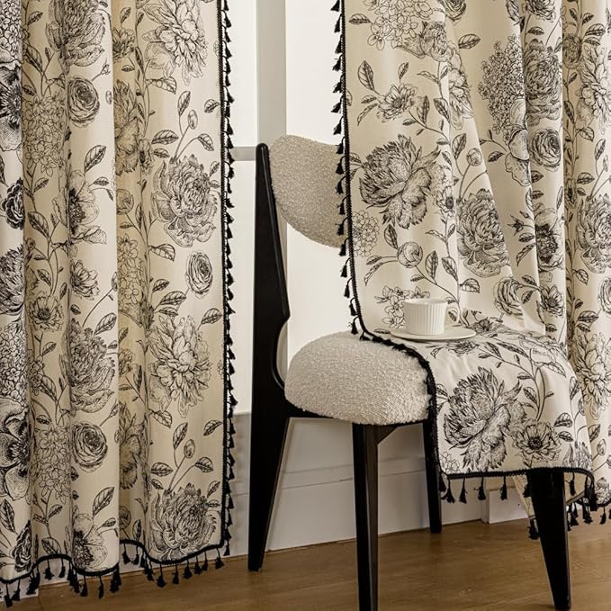 F-CHU Black Floral Farmhouse Curtains Living Room Drapes 84 Inch Length Cotton Linen Boho Window Curtain with Tassel Rod Pocket Bedroom Macrame Drapes Flower Curtains, 1 Panel