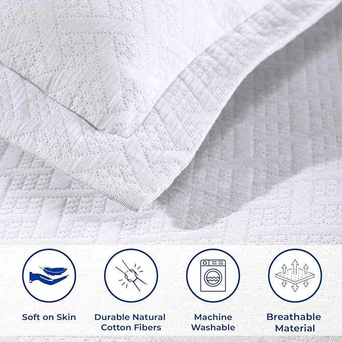 Superior 100% Cotton Basket Weave Bedspread with Shams, All-Season Premium Cotton Matelasse Jacquard Bedding, Quilted-Look Geometric Basket, Queen, White