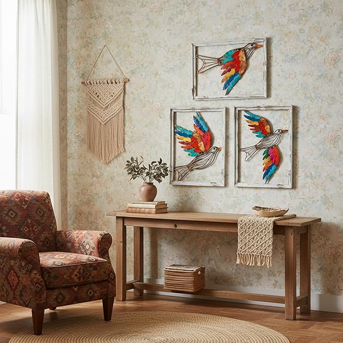 Newinhome Boho Metal Wall Art Birds,Wall Decor Colorful Bird 3 Pieces, Rustic Bird Wall Art,Farmhouse Home Wall Decor for Living Room Bedroom Bathroom house warming gift