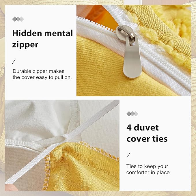 WARMDERN Boho Duvet Cover Set Queen Size,Yellow Striped Duvet Cover Microfiber Bedding Set,3PCS Ultra Soft Breathable Lightweight Tuft Texture Pattern Duvet Covers with Zipper Closure(Yellow,Queen)