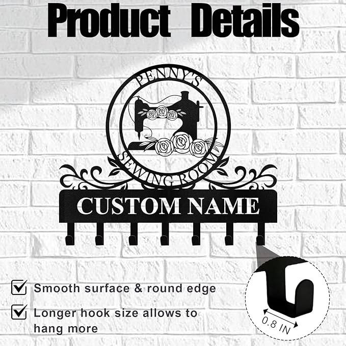 Personalized Key Holder Wall Mount - Custom Sewing Machine Design Key Hanger for Wall Art Decor, Metal Coat Rack Organizer with Hooks, Key Hanger for Bedroom Entryway Hallway, Personalized Gift