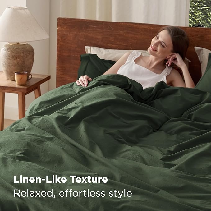 Bedsure 100% Washed Cotton Duvet Cover King Size - Olive Green Minimalist Cotton Duvet Cover Linen Like for All Seasons - GentleSoft™ Plain Simple Bedding (Olive Green, King, 104"x90")