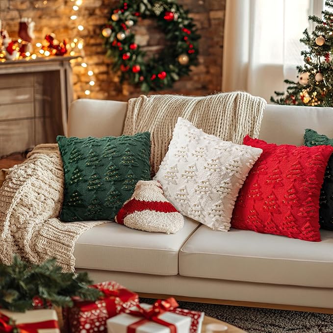 AQOTHES Christmas Tree Decorative Red Throw Pillow Covers 20x20 Set of 2, Faux Fur Farmhouse Throw Pillows Cushion Cases for Xmas Winter Holiday Home Decor