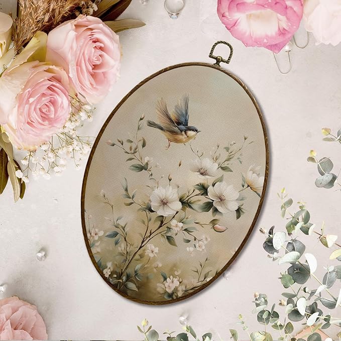 JQF Vintage Floral Bird Oval Wall Art, Rustic Cottagecore Magnolia Floral Oval Canvas Wall Art, Retro Flower Bird Framed Prints Hanging Decor for Home Bedroom Living Room, 8.5x11.5 Inch