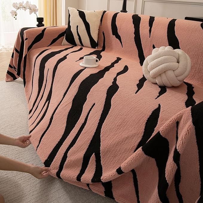 ROOMLIFE Striped Boho Pink Couch Cover for 2-3 Cushion Sofa, Fuzzy Plush Warm Sofa Slipcovers Sectional Sofas Covers, Non Slip Washable Furniture Protector Soft with Tassel,Winter 71''X134”
