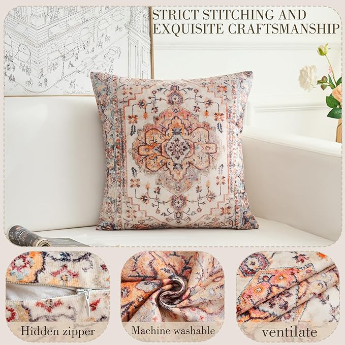Boho Throw Pillow Covers 16x16 inch Set of 2,Boho Vintage Carpet Pattern Antique Ethnic Decor Double Sided Pattern Cushion Cover Soft Pillow Case Living Sofa Room Bed Square Pillow Cover