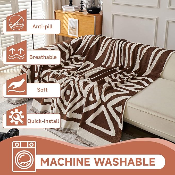 VClife Oversize Couch Cover, 1 Piece Boho Tribal Chocolate and White Geometric Jacquard Pattern Sofa Cover for 3 Cushion Couch Sofa, Soft Washable Chenille Living Room Sofa Slipcover for Sofa 91"X150"
