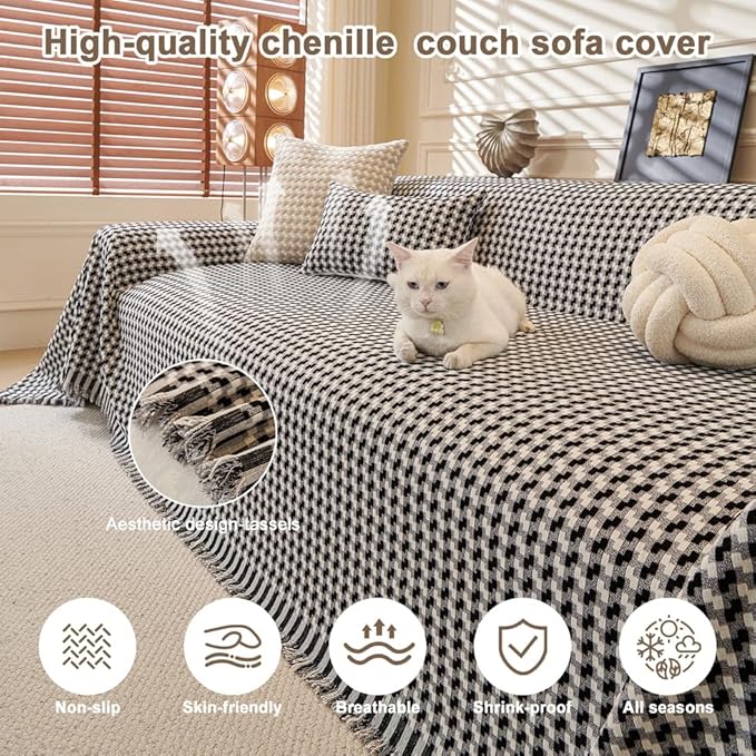 ROOMLIFE Thicked Checkered Boho Black Couch Cover for 2-3 Cushion Sofa, Chenille Sofa Slipcovers Sectional Sofas Covers for Dog, Non Slip Washable Furniture Protector Soft with Tassel 71''X118''