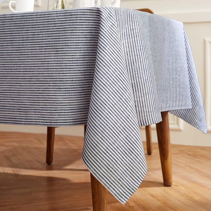 Solino Home Linen Tablecloth 60 x 90 Inch - Narrow Stripe 100% Pure Linen Navy and White Table Cloth for Rectangle Tables - Machine Washable Tablecloth for Autumn, Thanksgiving, Christmas, Winter
