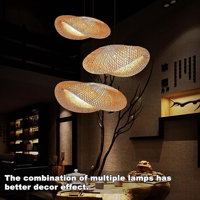 Farmhouse Bamboo Pendant Light Fixtures, Bird's Nest Shape Rattan Chandelier for Kitchen Island, Adjustable Ceiling Mount Hanging Lamp for Living Room, Dining Room, Bedroom, Entryway Decor