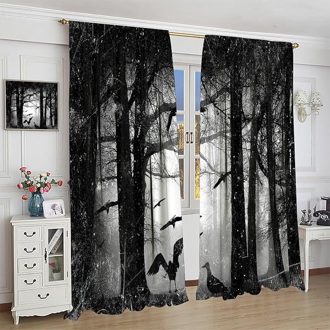 Gothic Forest Blackout Window Curtains, Halloween Style Foggy Forest Dead Trees Crow Print Curtains, for Bedroom Living Room 31.5(W)*72(L) 2 Panels
