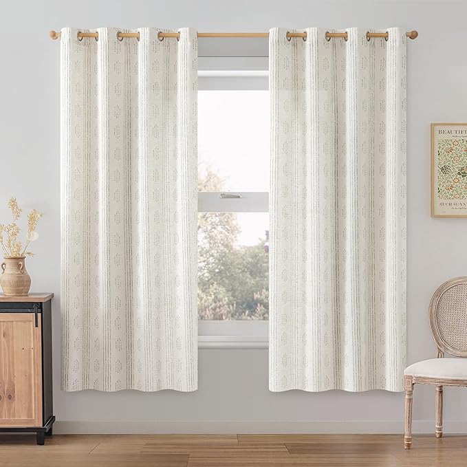 Boho Linen Curtains for Bedroom Living Room Sage Green Farmhouse Boho Curtains 63 Inch Length Geometric Striped Patterned Mudcloth Grommet Top Rustic Window Drapes 2 Panels Green on Beige