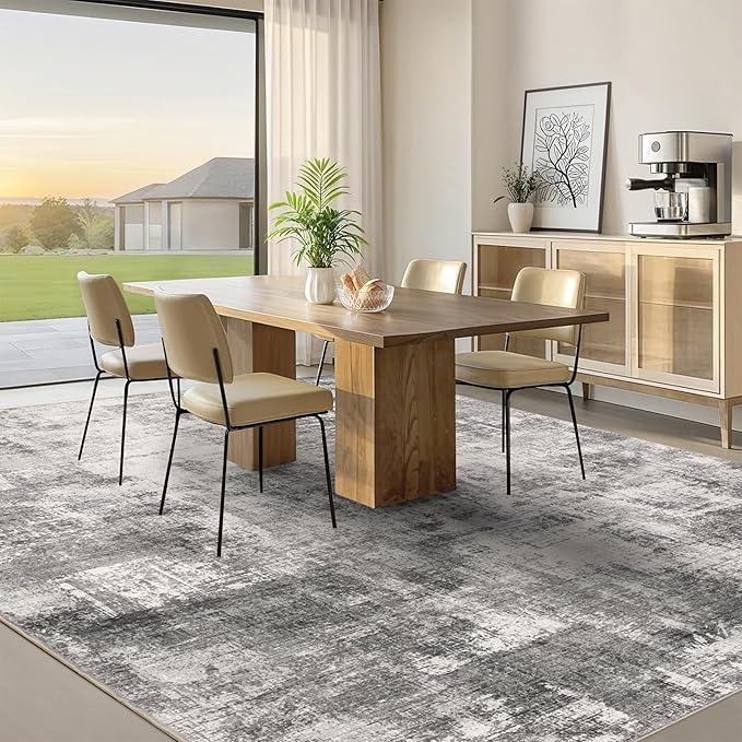 9x12 Modern Abstract Rug Washable Area Rugs for Living Room Bedroom Dining Room Non-Slip Low Pile Neutral Large Rug Soft Indoor Floor Carpet, Gray