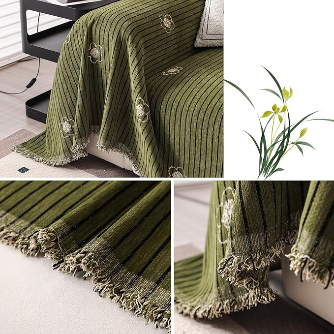 ROOMLIFE Green Sofa Cover, Vintage Boho Couch Cover for 3 Cushion Sofa, Soft Chenille Sofa Cover for Dog, Washable Furniture Sofa Protector Cover Blanket with Tassel for Living Room, 71 '' X 118''