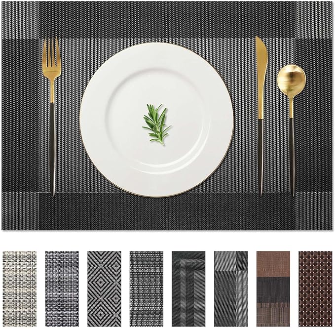 AHHFSMEI Placemats for Dining Table Set of 8 Woven Vinyl Plastic Place Mats Non-Slip Heat Insulation Stain Resistant Table Mats Washable Easy Clean Placemats (Black Corner,8)