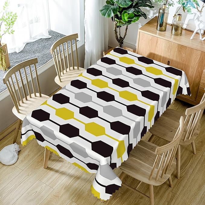 70x140inches Mid Century Modern Rectangle Tablecloth Yellow Grey Black Geometric Pattern Table Cloth Waterproof Fabric Table Cover for Home Kitchen Dining Room Living Room Indoor Outdoor Use