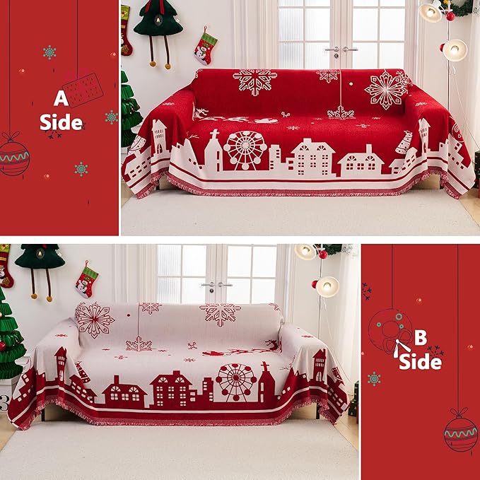 MEETSKY Christmas Couch Cover Red Sofa Slipcover for 2 Couch, Sofa Covers Washable Use Thick Soft Fabric Couch Cover for Dogs, Multi-Use Decorative Couch Protector for Pets, 71" x 118", Red
