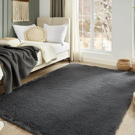 Floralux Ultra Soft 5x7 Area Rugs for Living Room Bedroom, Dark Grey, Shag Plush Rug for Playroom, Modern Shaggy Carpet for Beside Bed, Teens Dorm, Nursery, Home Decor Aesthetic