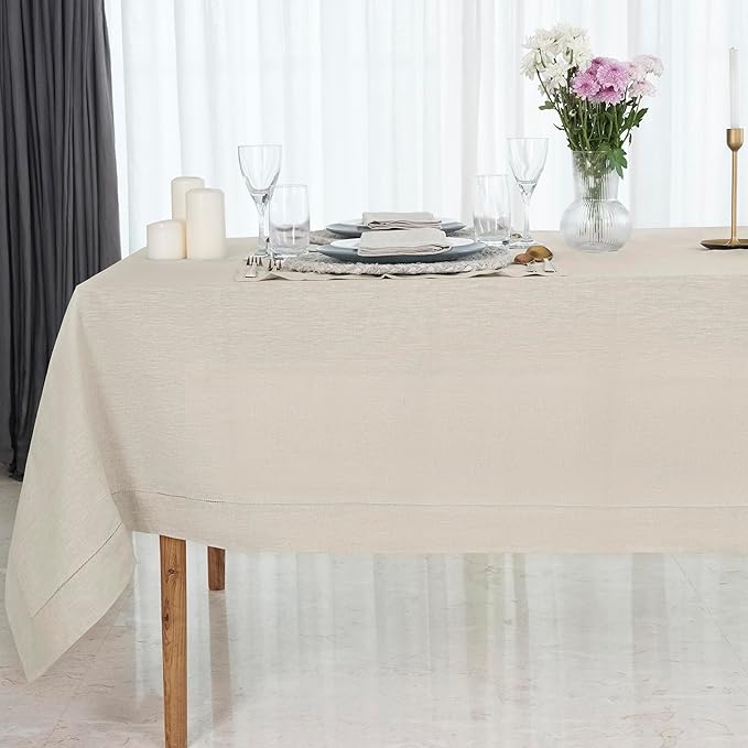 D'Moksha Homes Light Natural Linen Tablecloth for Rectangle Tables 60 x 144 Inch - 100% Pure Linen Natural Table Cloth - Classic Hemstitch, Machine Washable Dining Tablecloth for Christmas, Holiday
