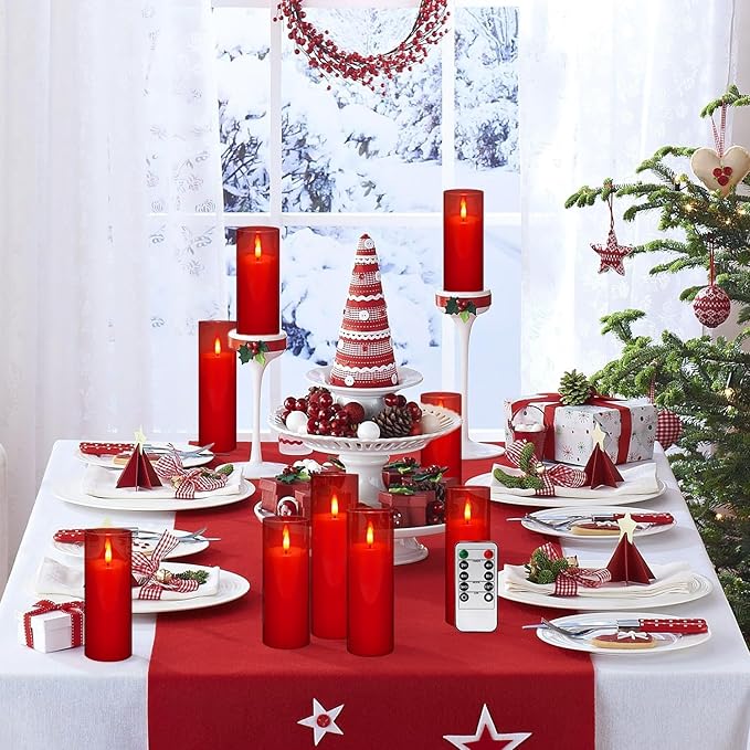 24-Pack Flameless LED Pillar Candles with Remote & Timer - Realistic Flickering Christmas Candles for Holiday Decor, Winter Wedding, Fireplace Mantel, Festive Home Ambiance (Red)
