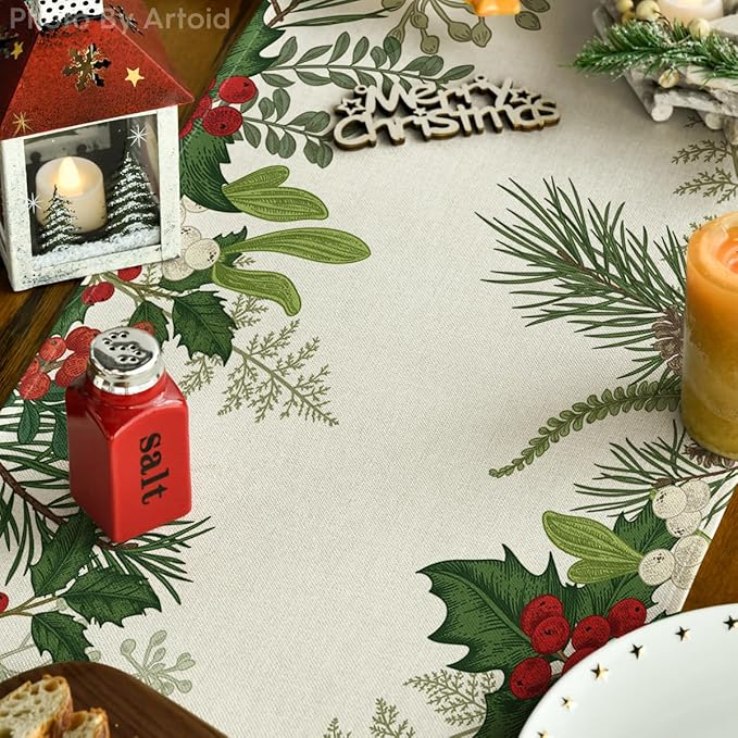 Artoid Mode Holly Pine Cone Christmas Table Runner, Seasonal Winter Kitchen Dining Table Decoration for Home Party Decor 13x108 Inch
