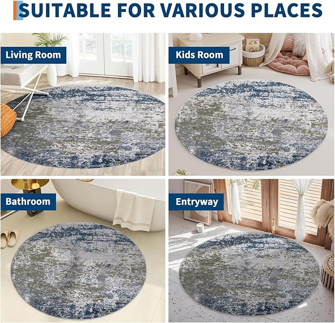 Modern Abstract 4x4 Round Area Rug Non Slip Non Shedding Rug Low Pile Stain Resistant for Bedroom Living Room Office Dining Room,Navy