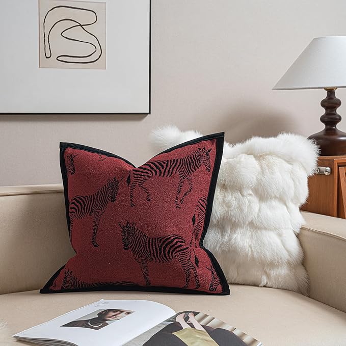 New 22x22'' inches Throw Pillow Cushion Covers - Zebra Pattern Red Color Chenille Jacquard Embroidery Luxury Modern Style Couch Sofa Bed Pillow Cover for Living Room Bedroom