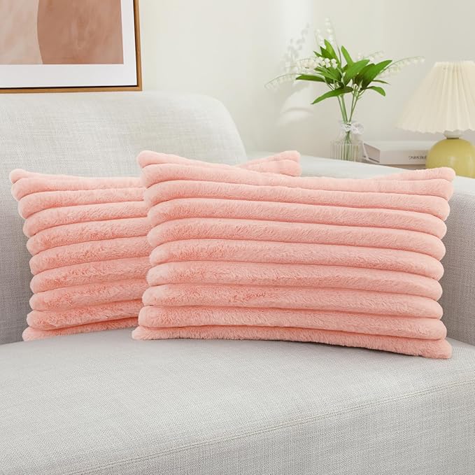 decorUhome Faux Fur Christmas Throw Pillow Covers 12x20 Set of 2, Decorative Soft Plush Striped Neutral Couch Euro Pillow Covers with Velvet Back for Sofa, Bed, Living Room Home Decor, Blush Pink
