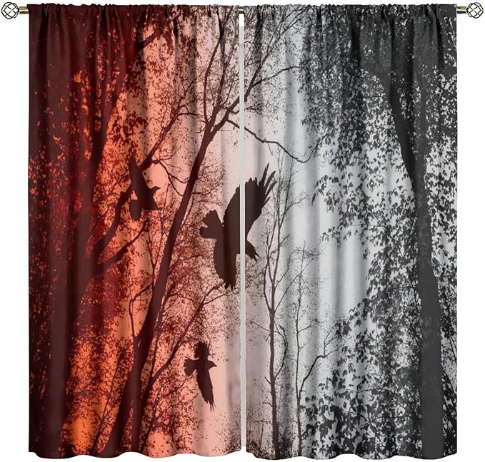 Gothic Halloween Forest Blackout Window Curtains, Scary Crow Forest Gothic Theme Window Treatments Drapes, for Bedroom Living Room 21(W)*63(L) 2 Panels