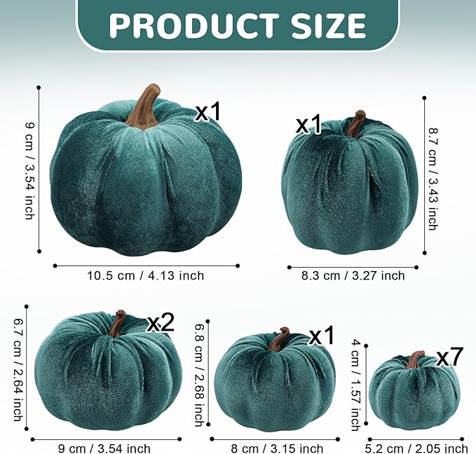 12pcs Artificial Velvet Faux Pumpkins Halloween Handmade Crafts Fabric Foam Fall Harvest Table Centerpiece Party Thanksgiving Decorative Teal