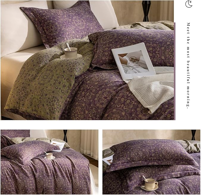 mixinni Purple Green Floral Duvet Cover Queen Size, Elegant Double-Layer Yarn Premium Cotton Vintage Duvet Cover Set, Exquisite Jacquard Design Bedding Set with 2 Pillowcases Perfect for Him and Her