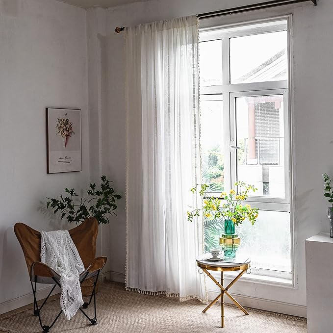 Sutuo Home Boho Curtains 96 Inches Long for Bedroom Living Room, Hollow Stripes Bohemian Embroidery Drape Light Filtering Cream Vintage Shabby Chic Tassels Window Treatment 1 Panel 52"W x 96"L,White