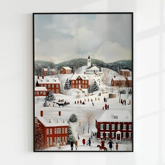 OZCONO Vintage Christmas Village Wall Art for Holiday Farmhouse Decor, Cozy Winter Town Scene Artwork, Classic Snowy Christmas Decoration, Noel Seasonal Print (Unframed) (20x30)