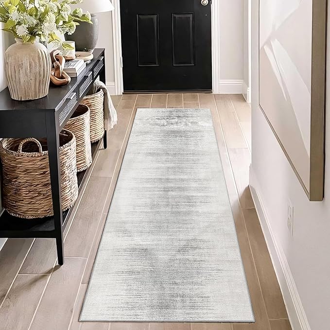 Enkor Runner Rug for Hallway, 2x6 Washable Soft Non Slip Abstract Rugs for Kitchen, Modern Mat for Entryway Living Room Bedroom White & Grey