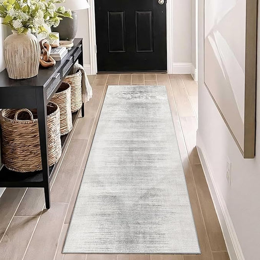 Enkor Runner Rug for Hallway, 2x6 Washable Soft Non Slip Abstract Rugs for Kitchen, Modern Mat for Entryway Living Room Bedroom White & Grey
