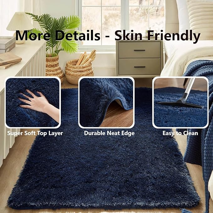 Floralux 6x9 Area Rug Living Room Rugs, Dark Blue, Ultra Soft Fluffy Furry Carpet for Bedroom, Non-Slip Indoor Floor Carpets for Kids Boys Girls Dorm, Nursery, Home Decor Aesthetic