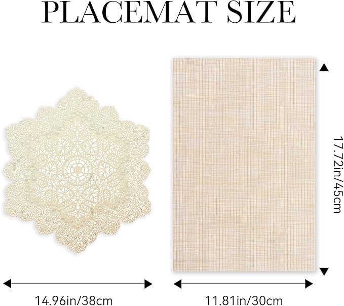 BACKTOEDEN Placemats Set of 6 Heat Resistant Washable Wipeable Placemats Woven Non-Slip Foldable Vinyl/Plastic Placemat Indoor/Outdoor Place Mats Kitchen Dining Table Mats, Gold Snowflake & Beige