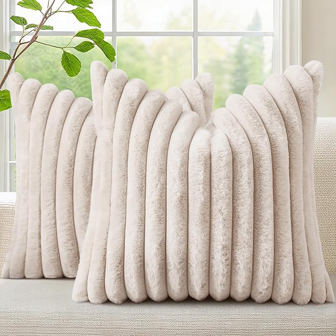 decorUhome Faux Fur Christmas Throw Pillow Covers 22x22 Set of 2, Decorative Soft Plush Striped Neutral Couch Euro Pillow Covers with Velvet Back for Sofa, Bed, Living Room Home Decor, Beige