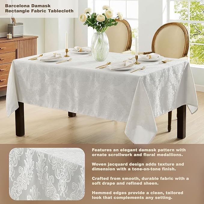 Newbridge Barcelona Luxury Damask Fabric Tablecloth, 100% Polyester, No Iron, Soil Resistant Holiday Tablecloths and Napkins, 60 x 102 inch Rectangle, White