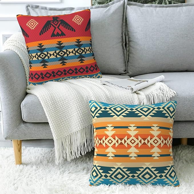 Throw Pillow Cover Case Navajo Style Pillow Covers 18x18 Inch Set of 2,Soft Decorative Throw Pillow Case for Living Room Bedroom Sofa Couch Cushion Covers