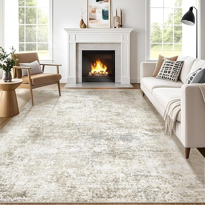 5x7 Washable Area Rug for Living Room: Modern Abstract Rugs Soft Non-Slip Low-Pile Indoor Floor Carpet for Bedroom, Dining Room, Nursery (BeigeBrownBlue, 5'x7')