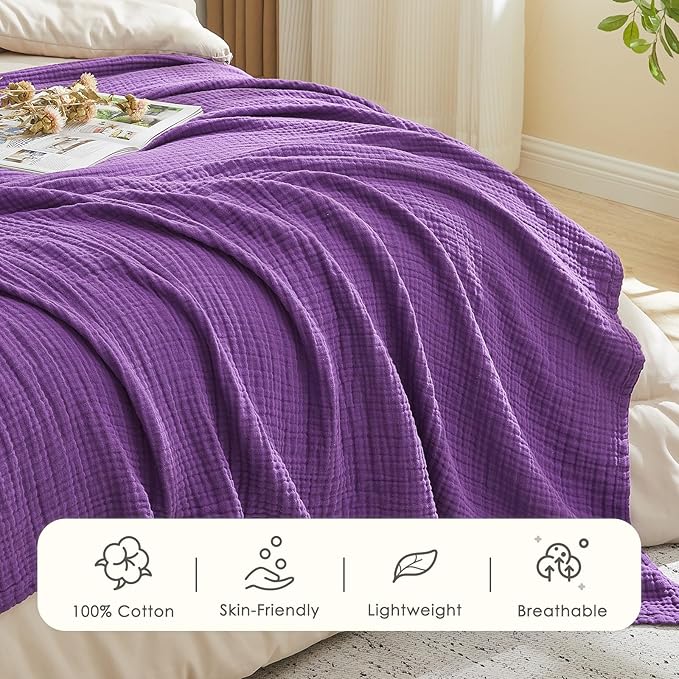 EMME Cotton Muslin Twin XL Blanket Breathable Gauze Blanket Soft Lightweight Blankets Adults Gifts for Women (Purple, 66"x90")