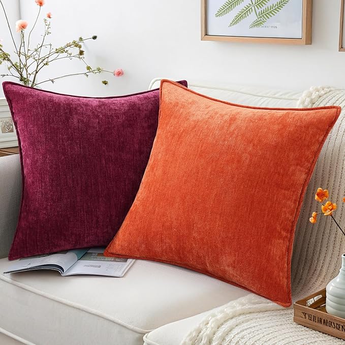 decorUhome Christmas Couch Throw Pillow Covers 18x18 Set of 2, Decorative Soft Euro Velvet Neutral Chenille Pillow Covers with Elegant Design for Sofa Bed Living Room Home Decor, Rhododendron