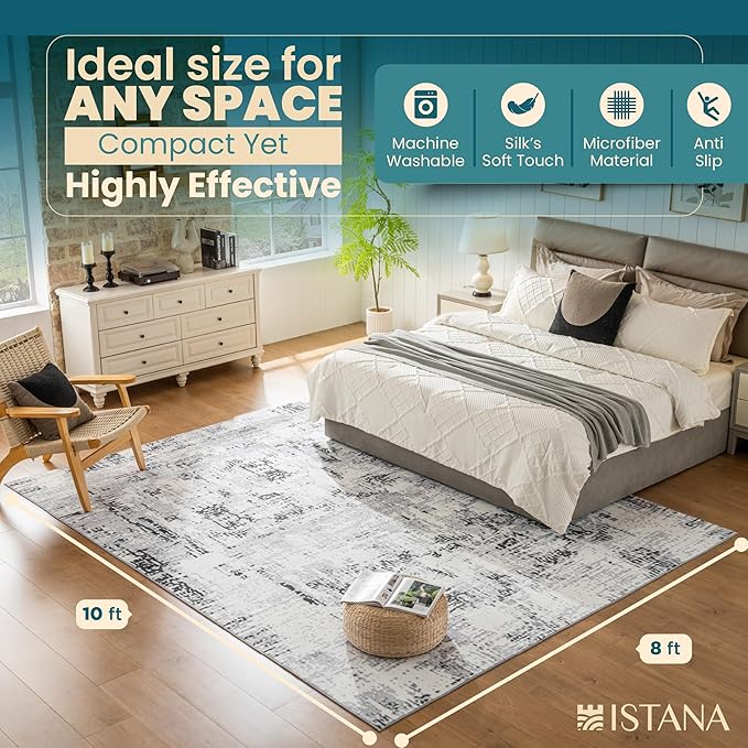 Istana 8x10 Area Rug - Grey 8x10 Rugs for Living Room - Foldable Rugs for Bedroom - Stain Resistant Washable Rug - Eco-Friendly Area Rugs - Easy to Clean Living Room Rug