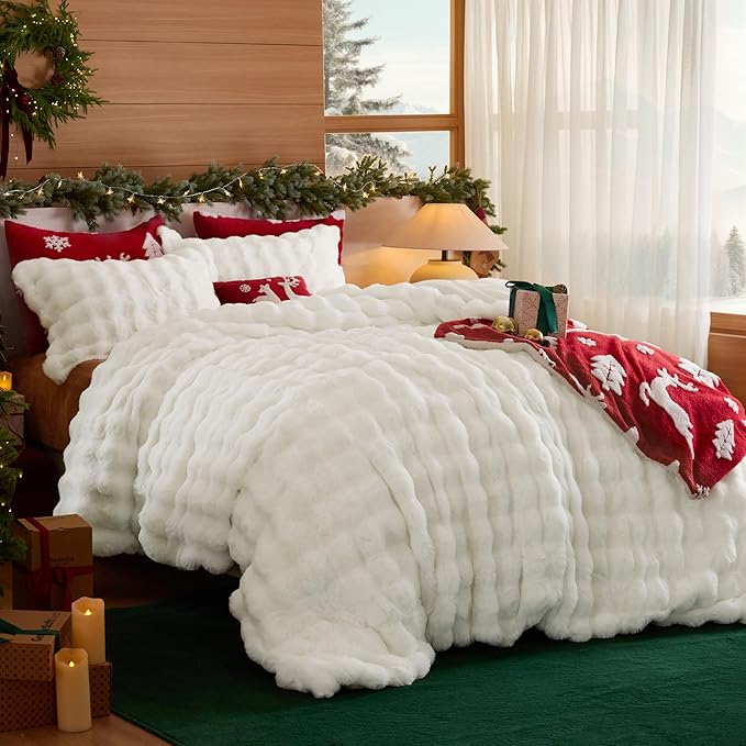Bedsure Luxurious Faux Fur Duvet Cover King Size Set - Ultra Soft & Fluffy & Cozy & Warm - Elegant Shaggy Bubble Design Bedding with Duvet Cover and Pillow Shams, Coconut White