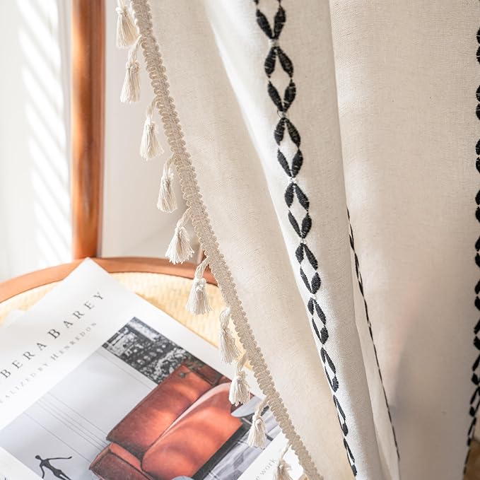 Sutuo Home Boho Curtains 108 Inches Long, Bohemian Drape for Bedroom Living Room, Privacy Country Semi Blackout Farmhouse for Halloween Decor Rod Pocket, 1 Panel W52 x L108 White and Black