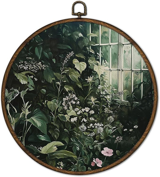 cvjutf Dark Green Botanical Wall Art Decor Framed, Dark Cottagecore Moody Floral Nature Bathroom Round Wall Decor, Rustic Plant Flower Canvas Prints Art for Home Bedroom Living Room Kitchen, 10x10 In