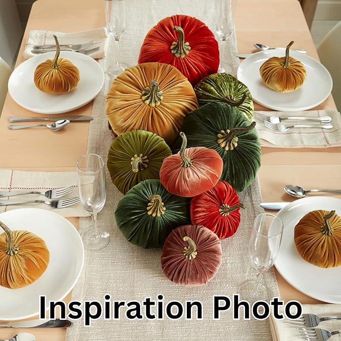 Set of 3 Velvet 6.25 Inch Pumpkins, orange pumpkin decor, Thanksgiving centerpiece, hygge home, elegant bookshelf accent, Halloween indoor decor, tiered tray accent for kitchen (Rust, Gold, Olive)