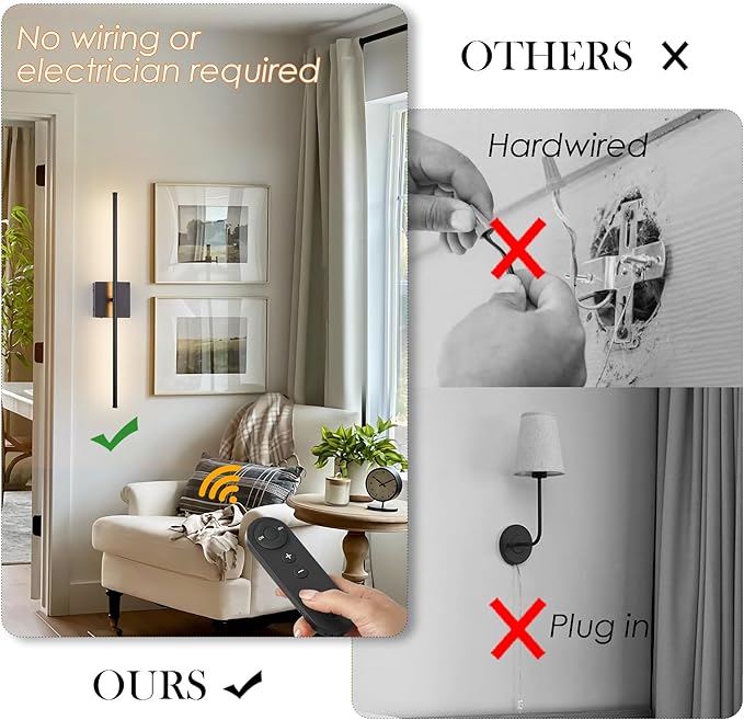 Battery Operated Wall Sconces with Remote Control, Dimmable Wall Sconces Set of Two, 350°Rotate, 3000K LED Black Wireless Wall Light for Living Room, Hallway, Bedroom, 28.3 Inch (2 Pack)