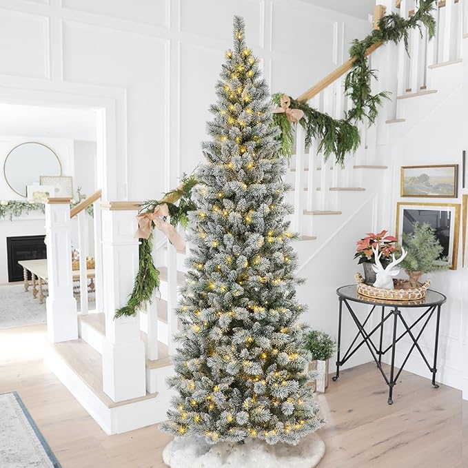 Glitzhome 9ft Prelit Christmas Tree, Artificial Christmas Tree Portland Snowy Pine Flocked Pencil Christmas Tree with 450 LED Lights, 9 Functional Warm White/Multi-Color, Remote Controller
